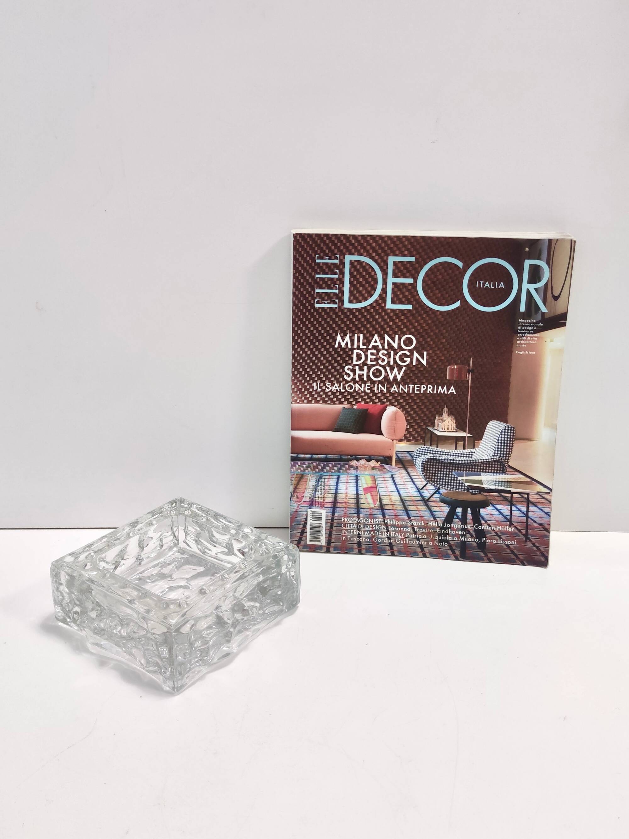 Vintage Square Transparent Molded Thick Glass Ashtray - Trinket Bowl, Italy