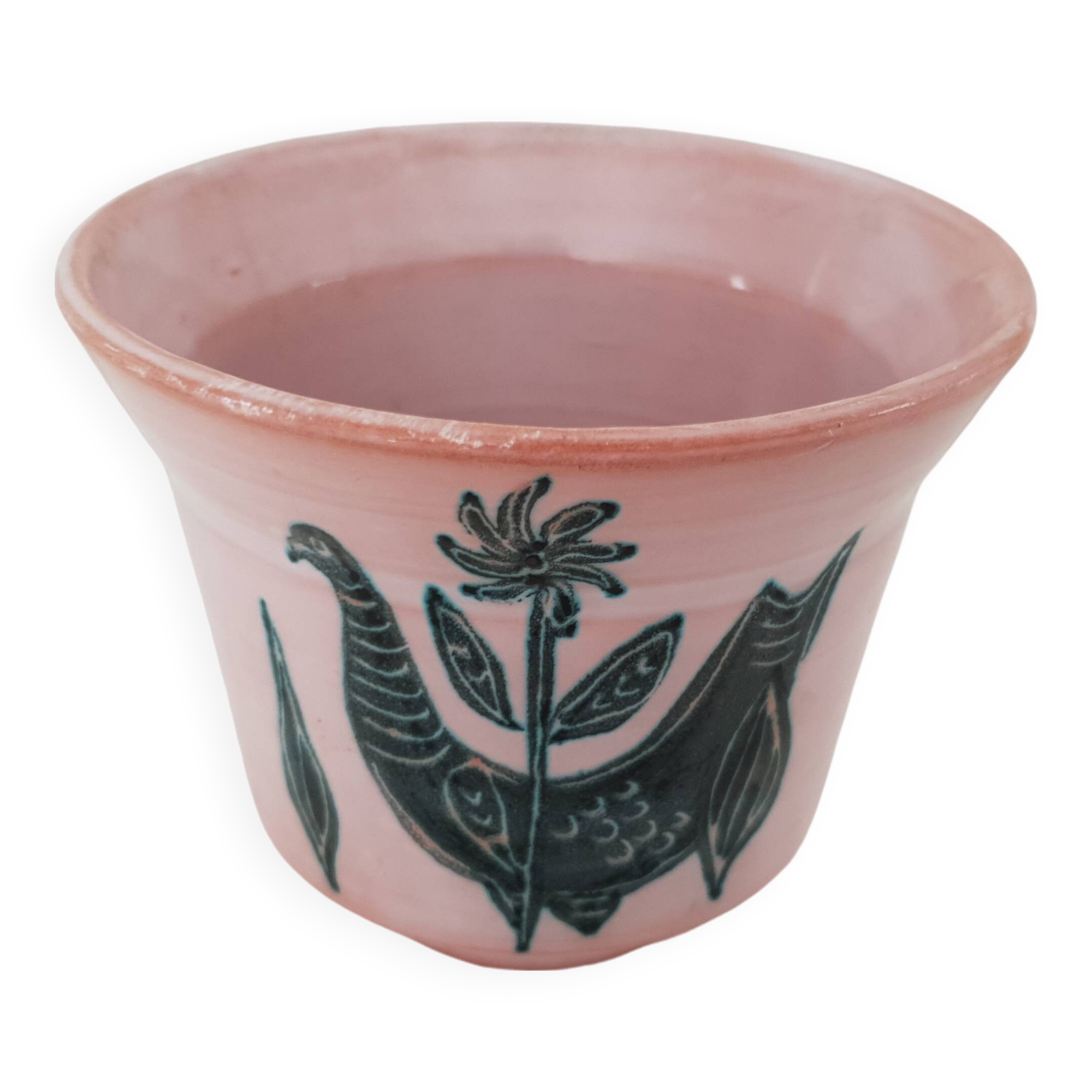 Ceramic flowerpot vase with rooster design - signed yvon roy durtal vallauris