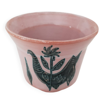 Ceramic flowerpot vase with rooster design - signed yvon roy durtal vallauris