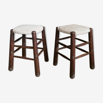 Pair of wooden stools and burlap