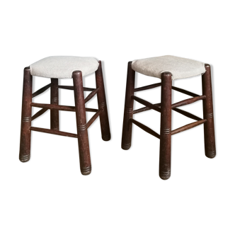 Pair of wooden stools and burlap