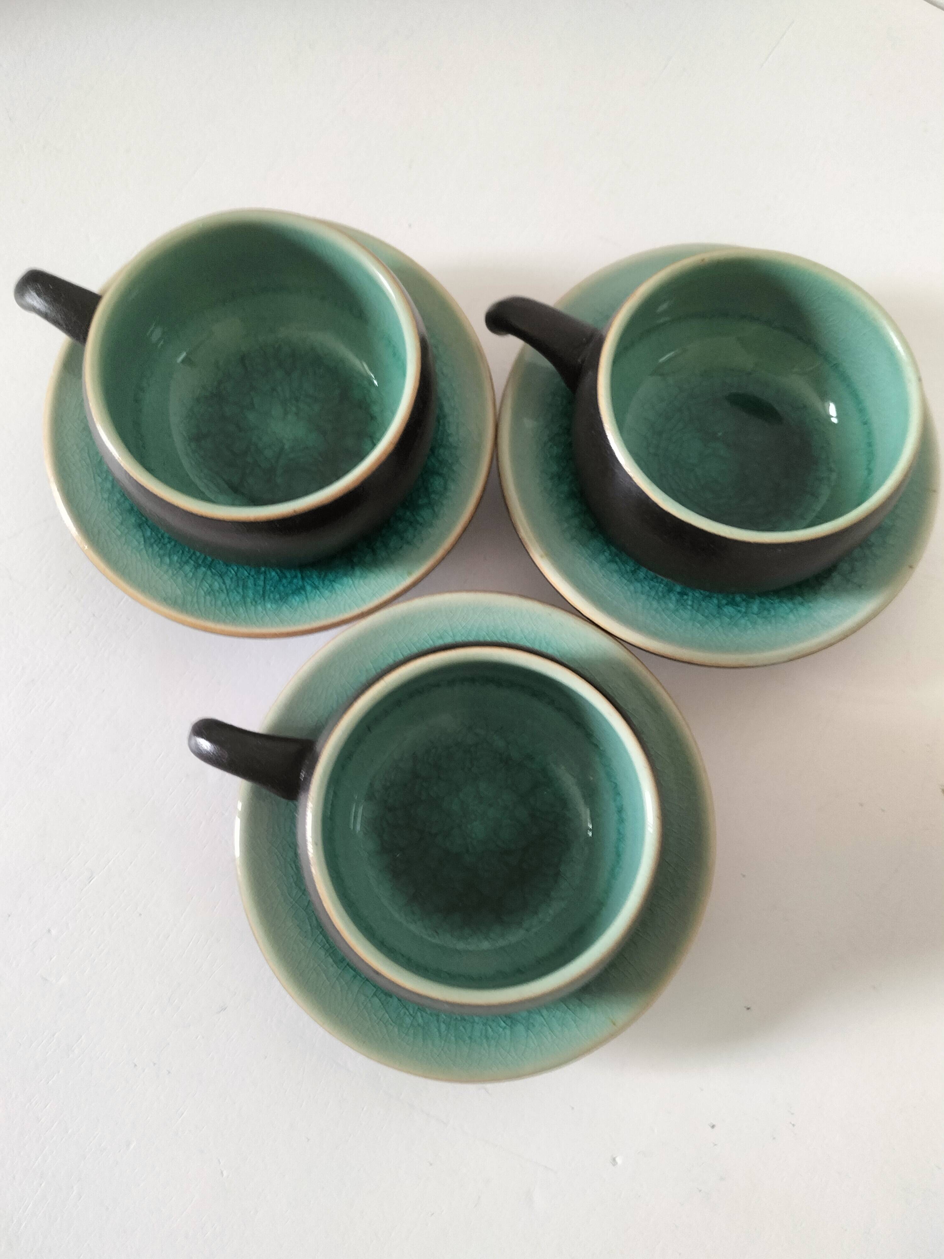 Set of three ceramic cups and saucers – crackled turquoise glaze