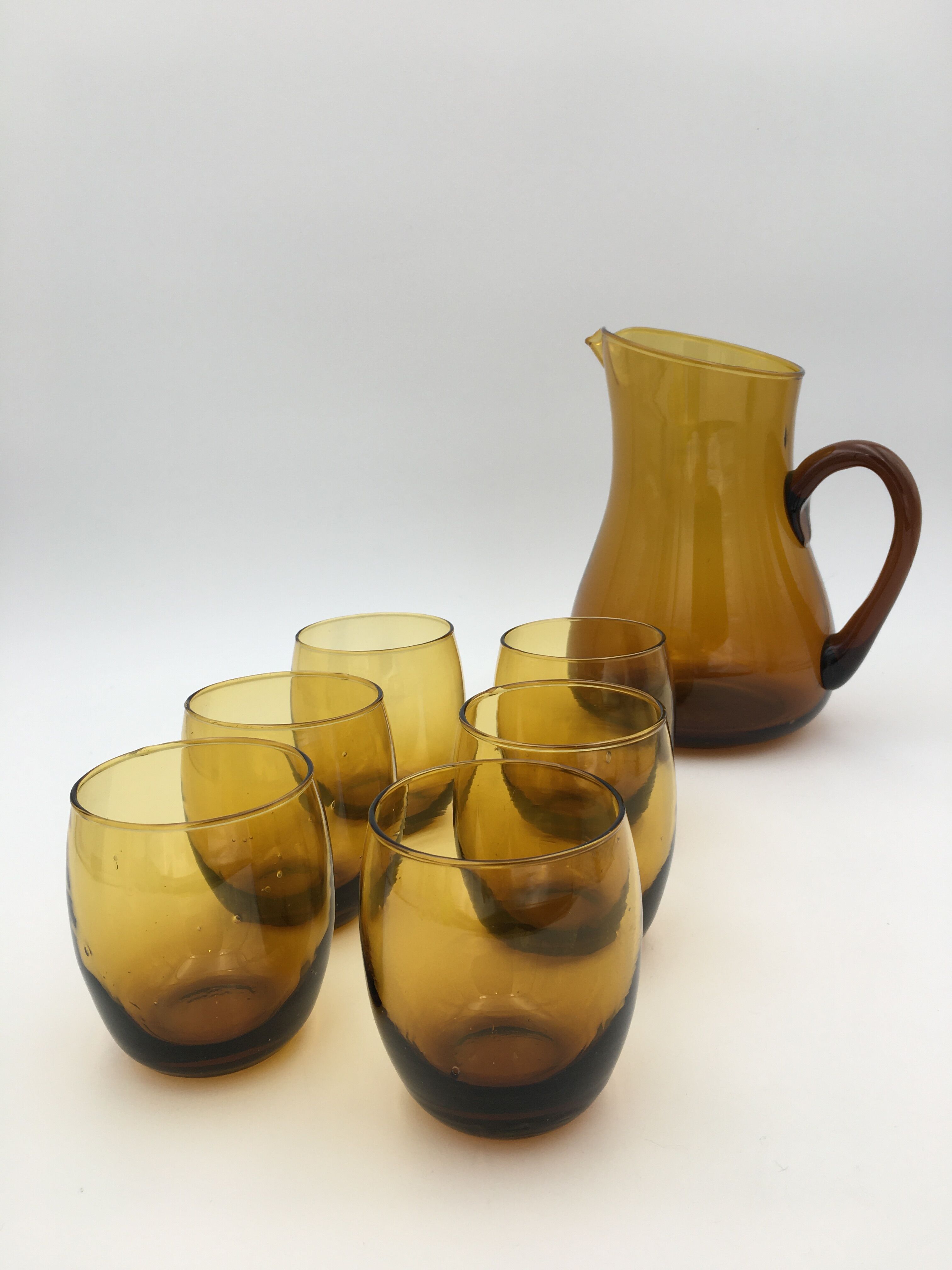 Vintage amber glass orangeade service, 1970
