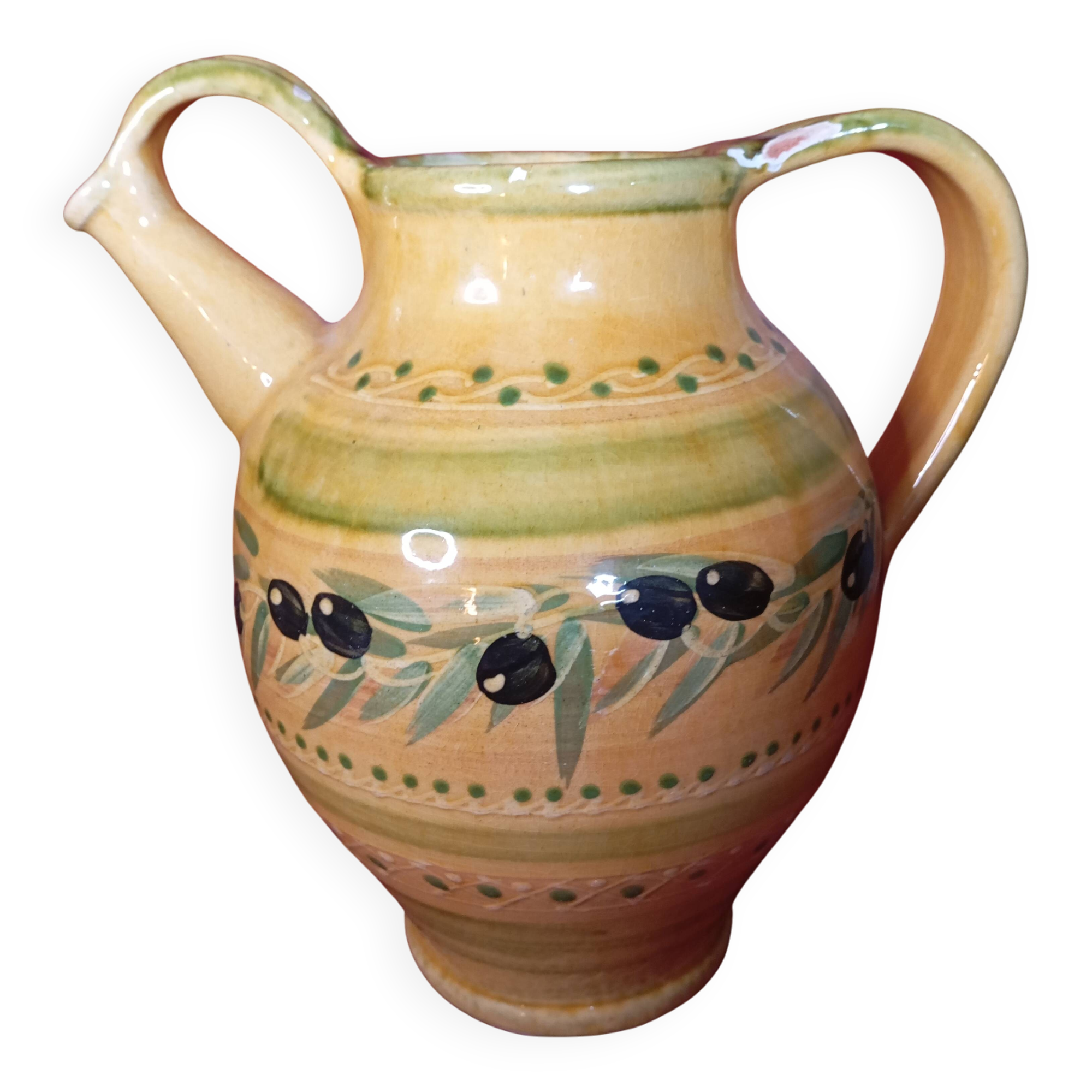 VINTAGE PROVENCAL POTTERY JAR PITCHER OLIVE DECOR
