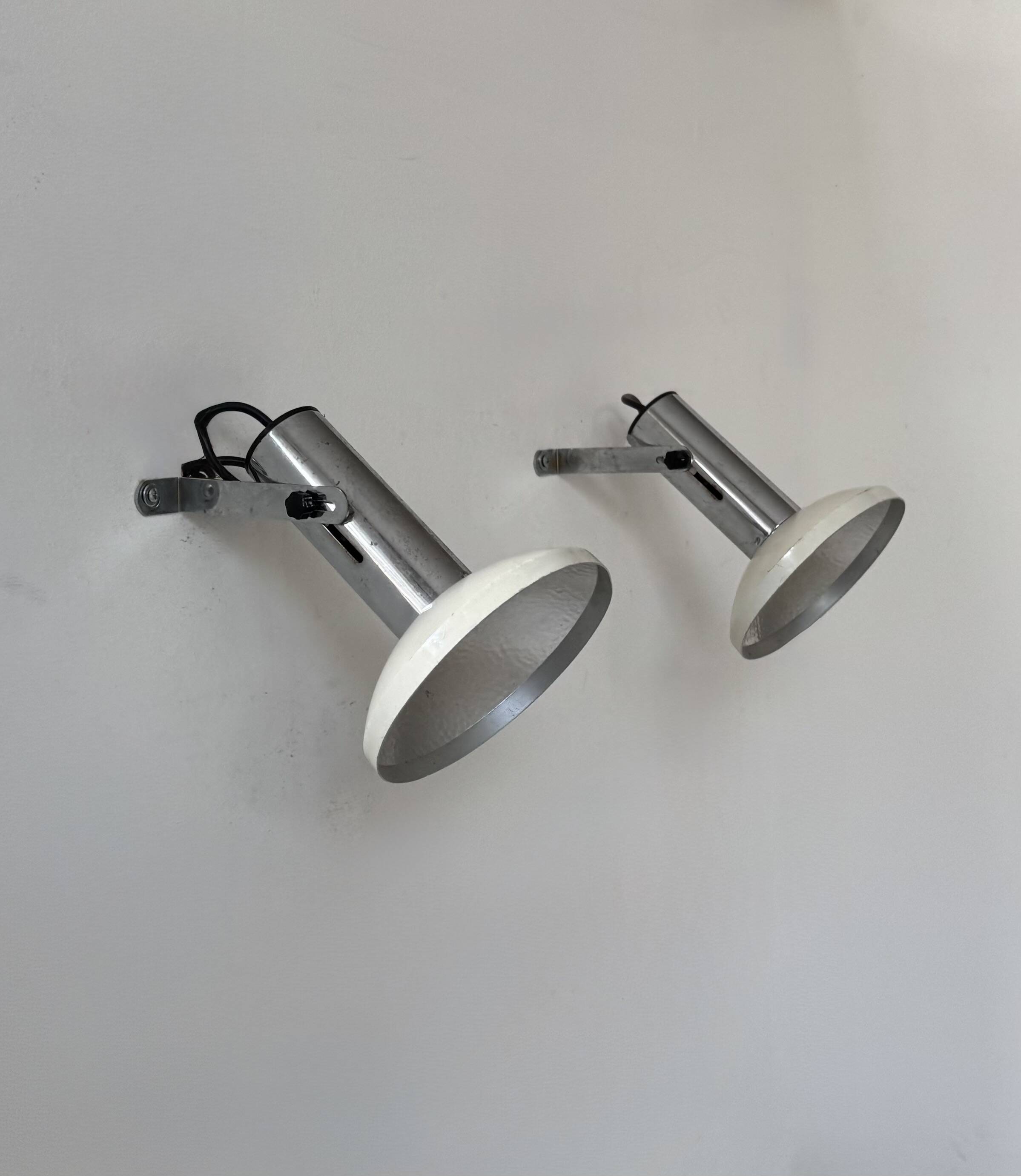 Pair of vintage adjustable wall lights, chrome and white lacquered metal, France 70