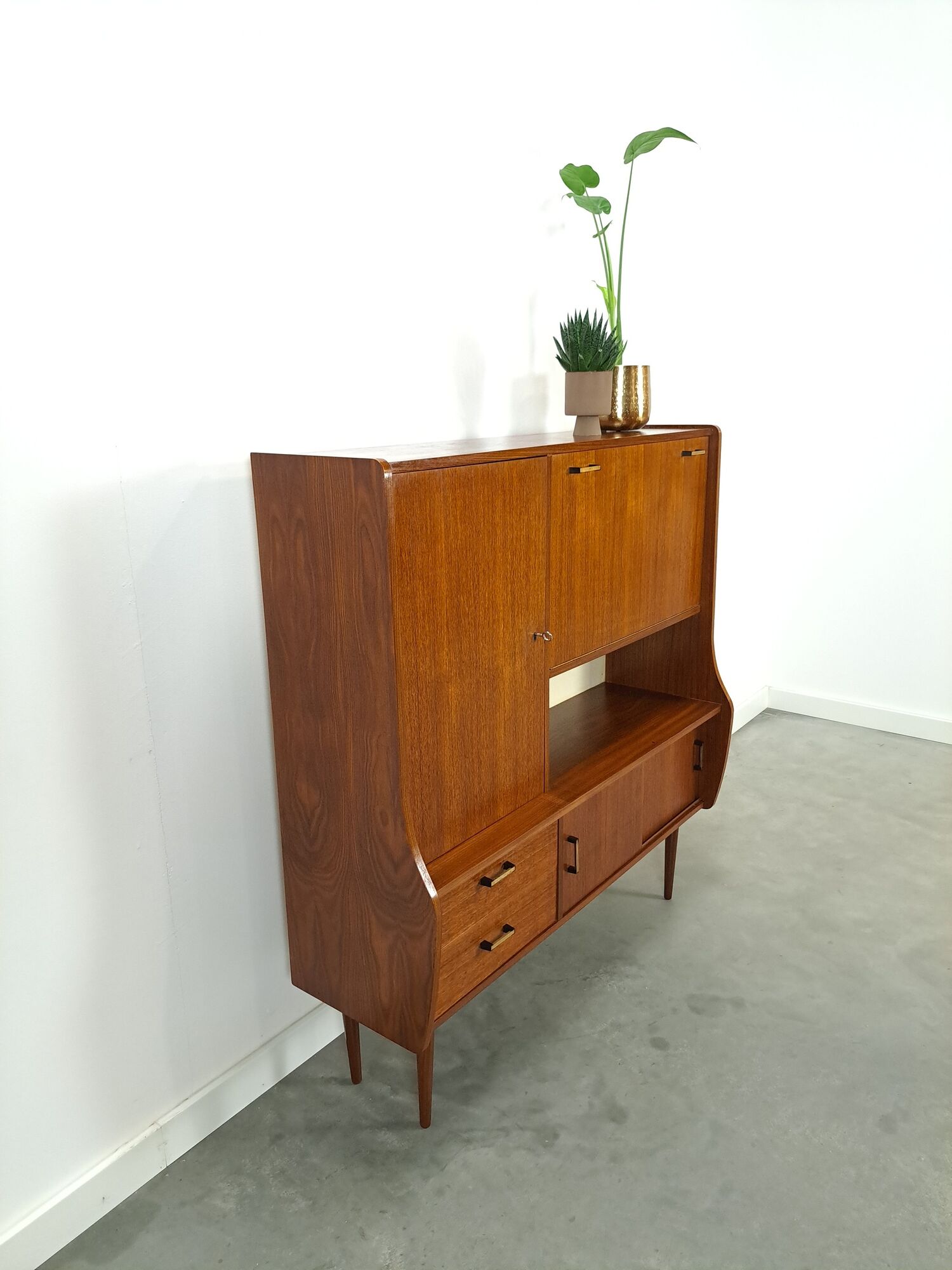 Teak veneer wall cabinet with flap, bar cabinet vintage