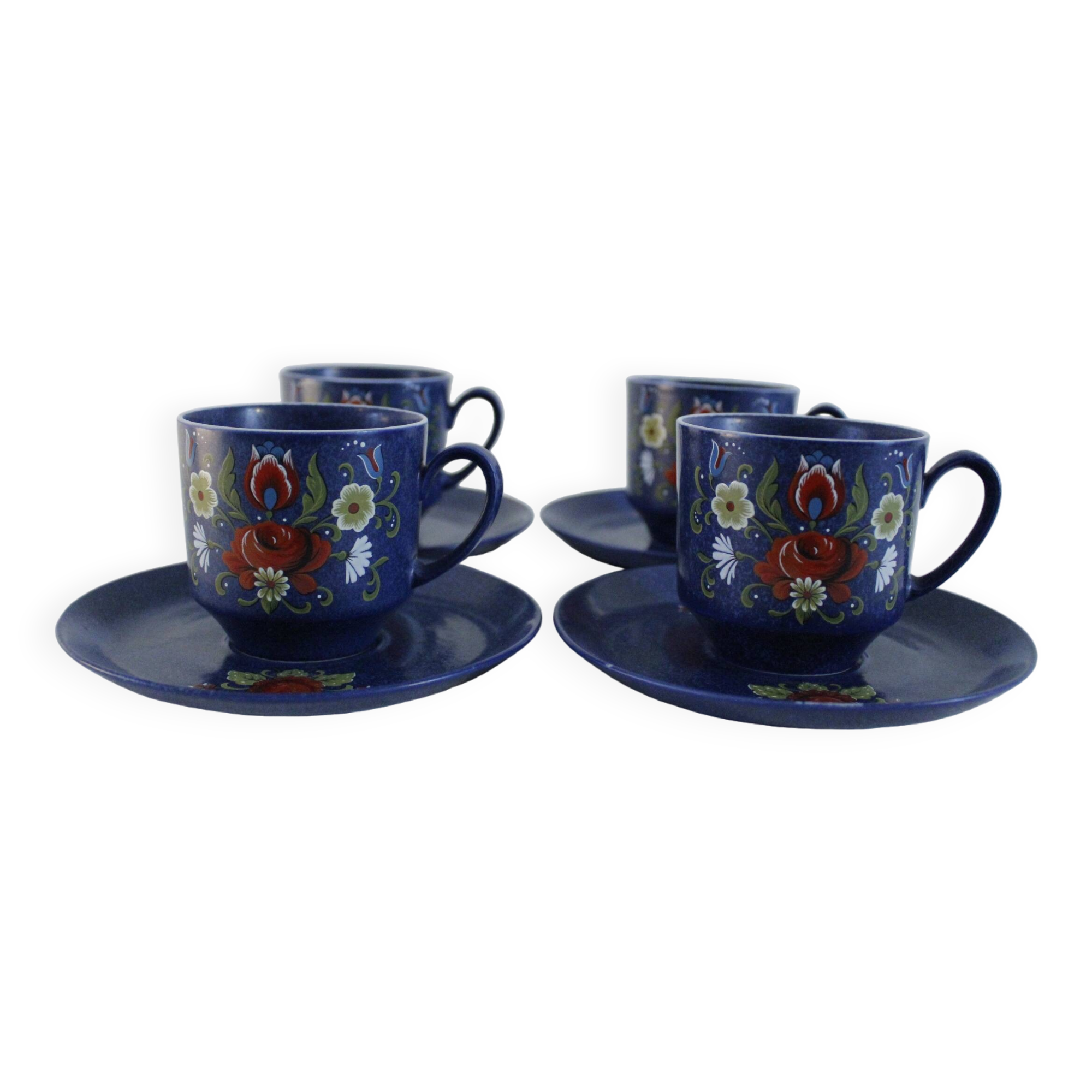 Vintage coffee set - blue and red flower patterns