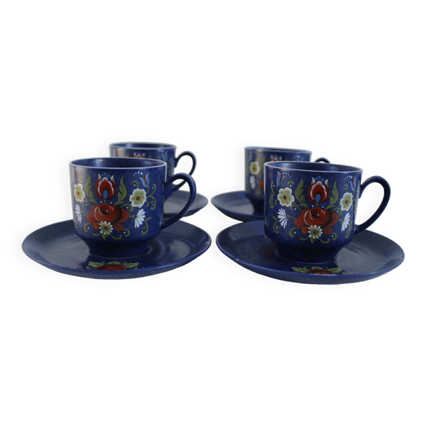 Service à café vintage - bleu et motifs fleurs rouges