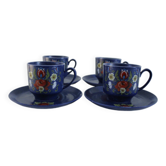 Service à café vintage - bleu et motifs fleurs rouges