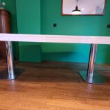 Ligne Roset table in glossy white lacquer, chrome legs, 2 extensions.