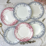 6 flat plates Terre de Fer blue red mismatched