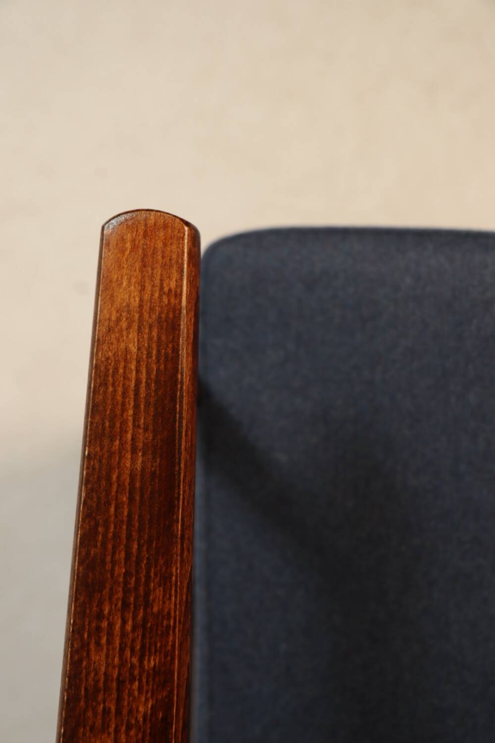 Scandinavian armchair navy blue natural wool dark brown wood design by H.Lis