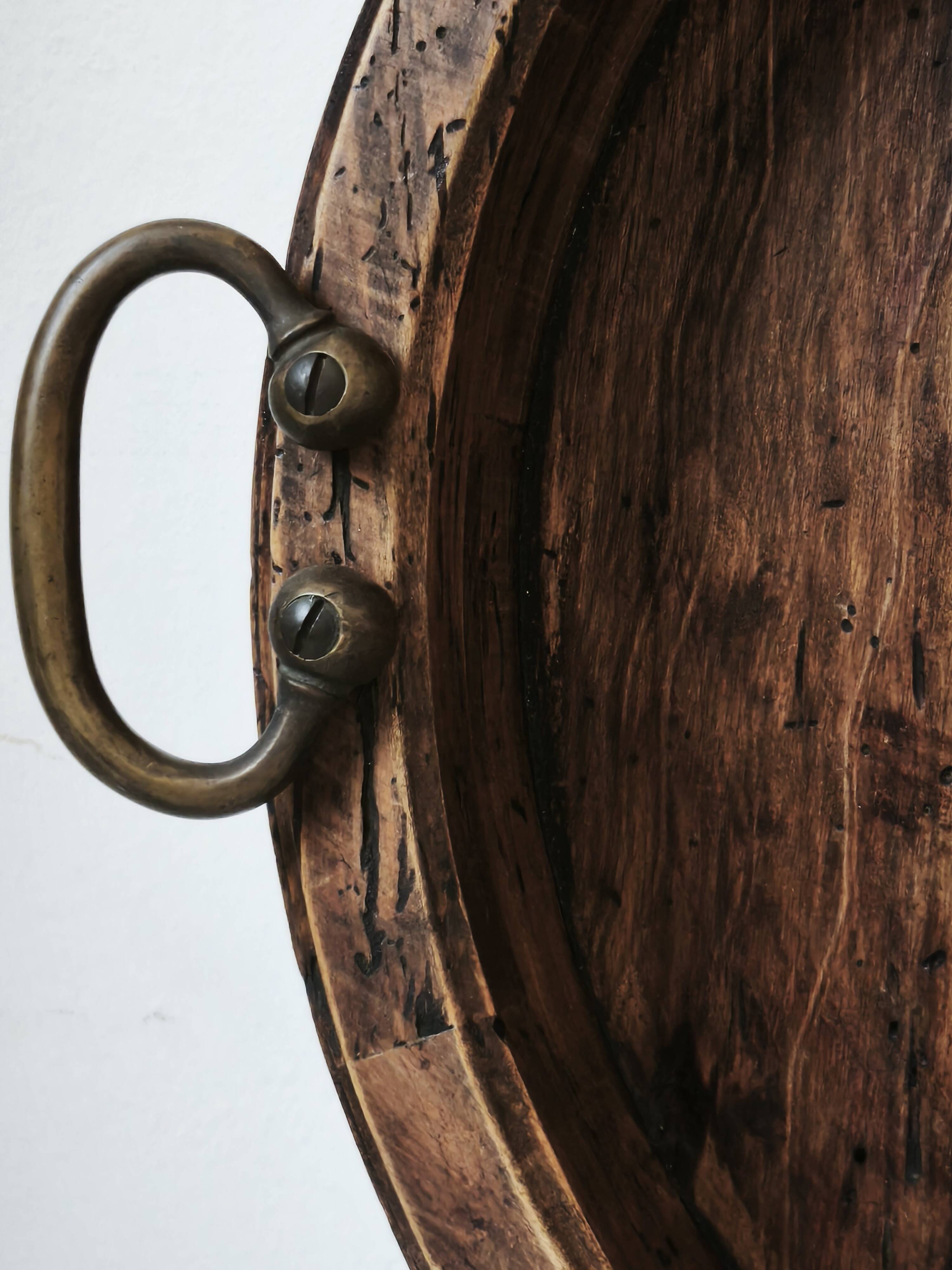 Large antique Italian wooden tray with brass handles.