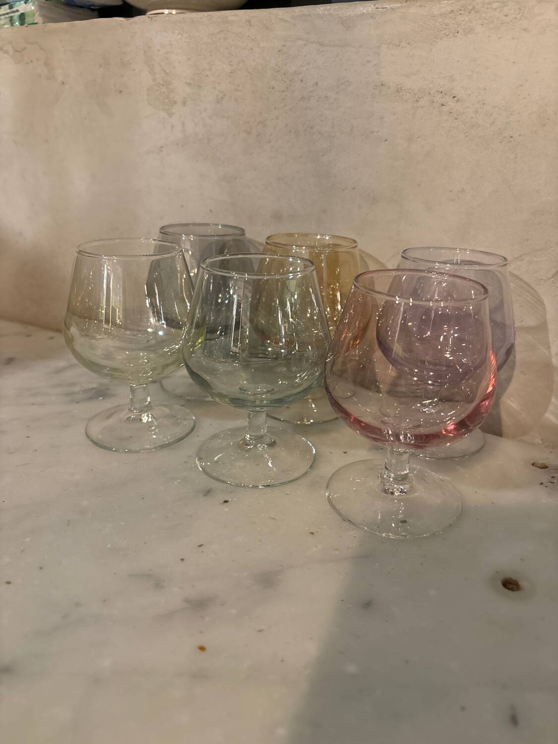 Set of 6 colored cognac glasses