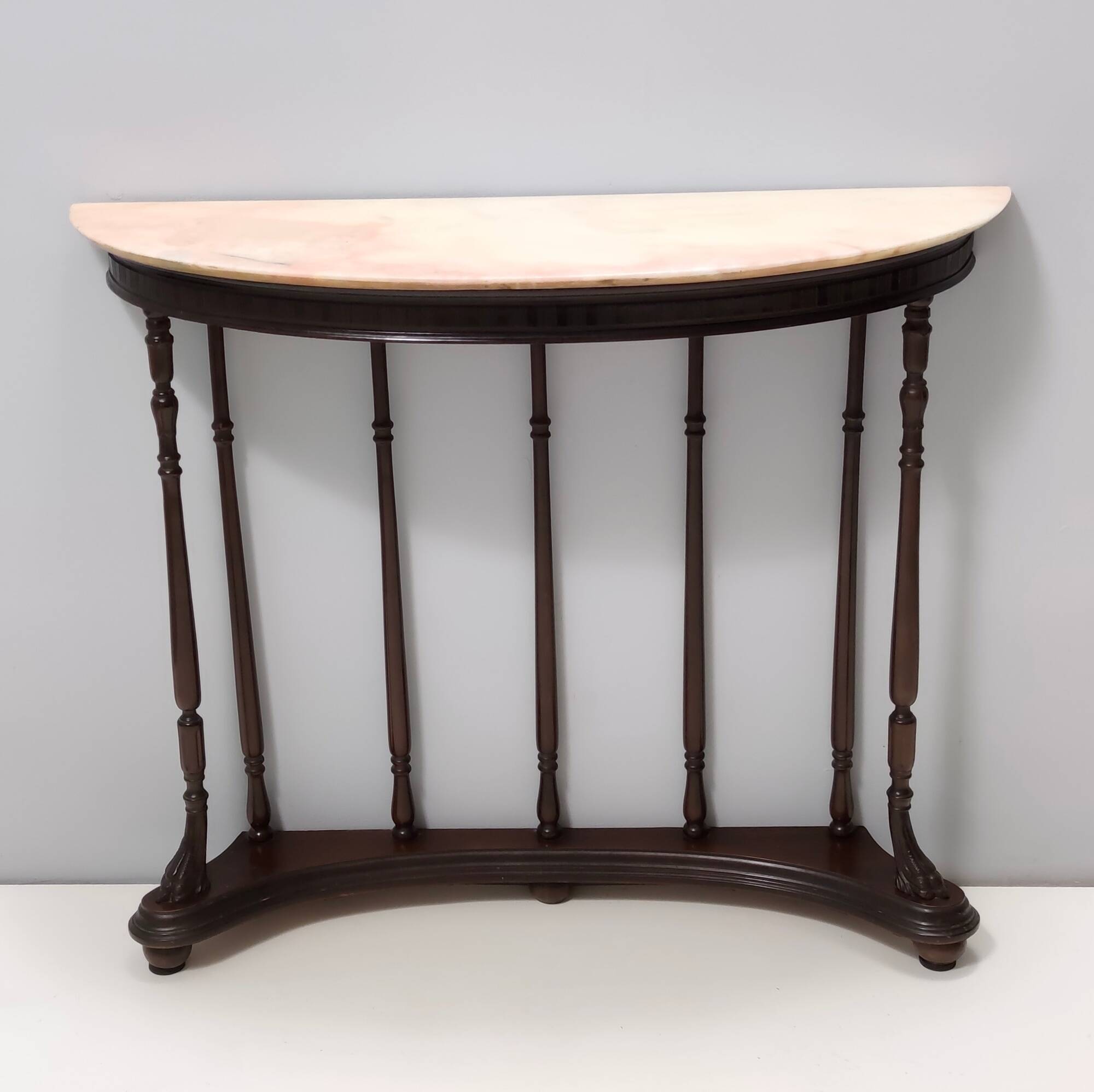 Neoclassical Style Turned Beech Console Table with a Demilune Marble Top, Italy