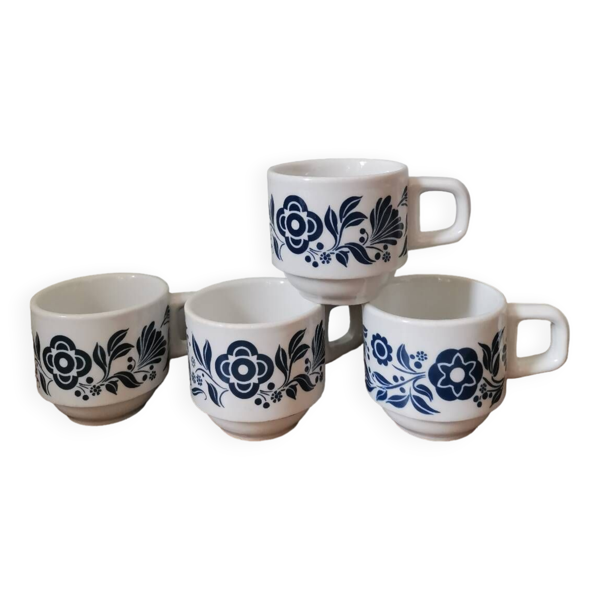 Set of 4 vintage bar coffee cups Sarreguemines vintage screen-printed blue flower pattern