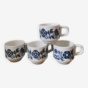 Set of 4 vintage bar coffee cups Sarreguemines vintage screen-printed blue flower pattern
