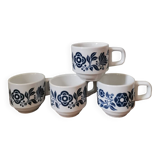 Set of 4 vintage bar coffee cups Sarreguemines vintage screen-printed blue flower pattern
