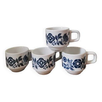 Set of 4 vintage bar coffee cups Sarreguemines vintage screen-printed blue flower pattern