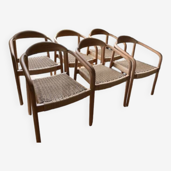 Lot 6 chaises en bois massif avec assise et accoudoirs tressés
