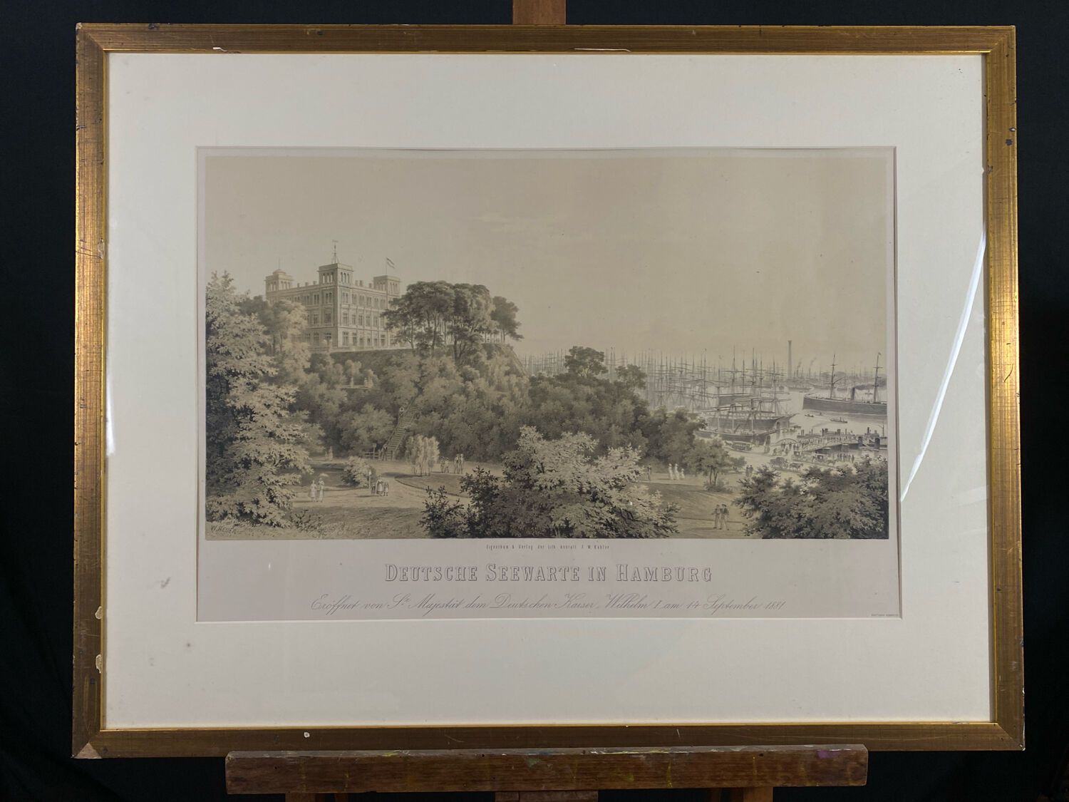 Lithograph under glass "Port of Hamburg", 19th century.