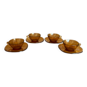 Service for 4 cups & saucers Vereco square with rounded corners amber glass 70s