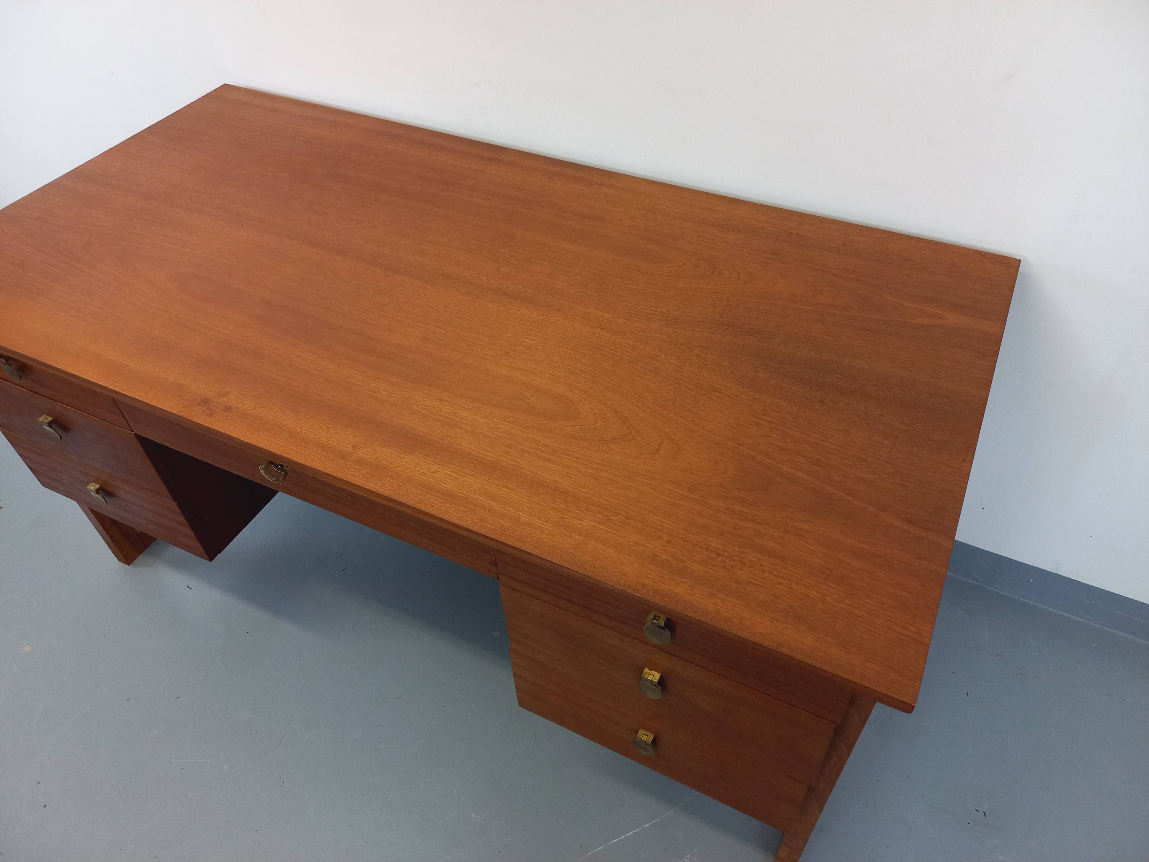 Double-sided executive desk sled legs vintage Scandinavian style in teak from the 60s