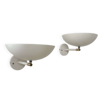 Pair of vintage adjustable wall lights, brass and white metal, France 1970