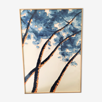 Pins bleu orange fluo couché de soleil Dessin peinture acrylique sur papier de Bertrand Cure