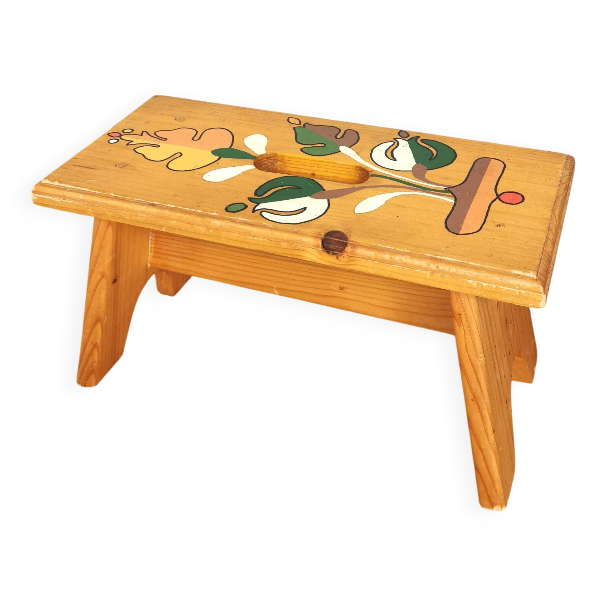 Vintage Hand-Painted Wooden Footstool: Yugoslavian Folk Art Decor