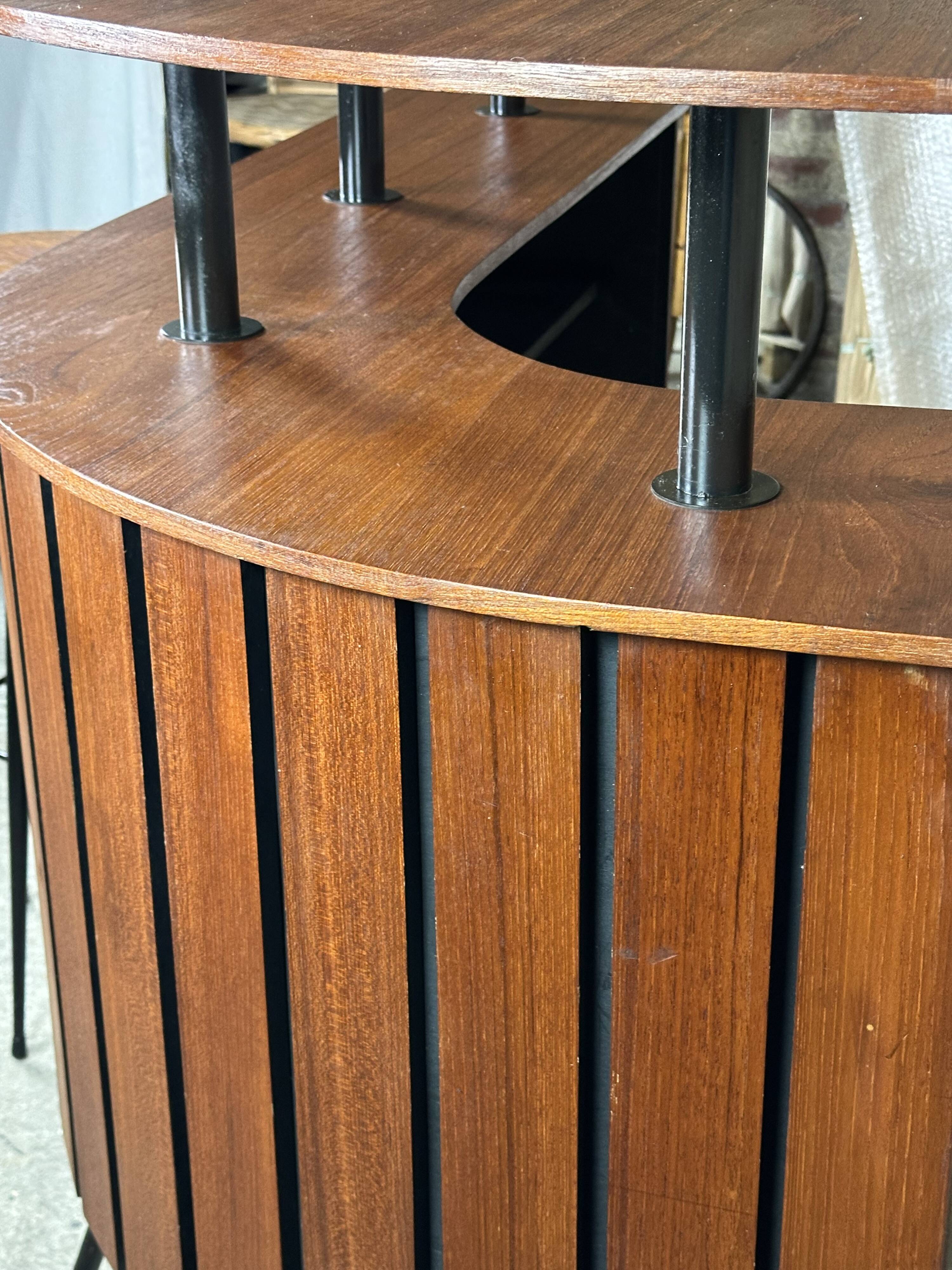Cocktail bar in teak and metal and its 2 vintage stools 1950'S