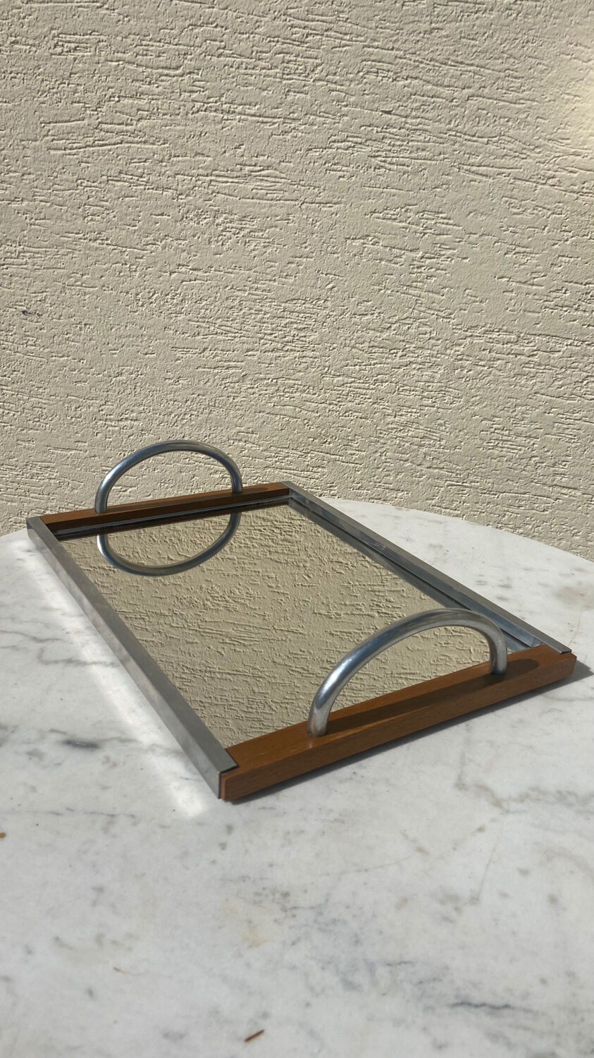 Chrome mirror tray and vintage wood 1940 / 50