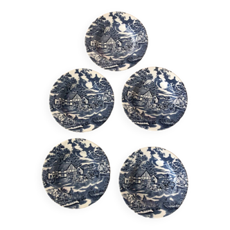 Lot de 5 assiettes creuses anglaises Luneville English style bleu blanc décor campagne