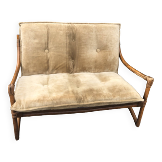 2-seater rattan sofa with vintage velvet cushions from the 70s