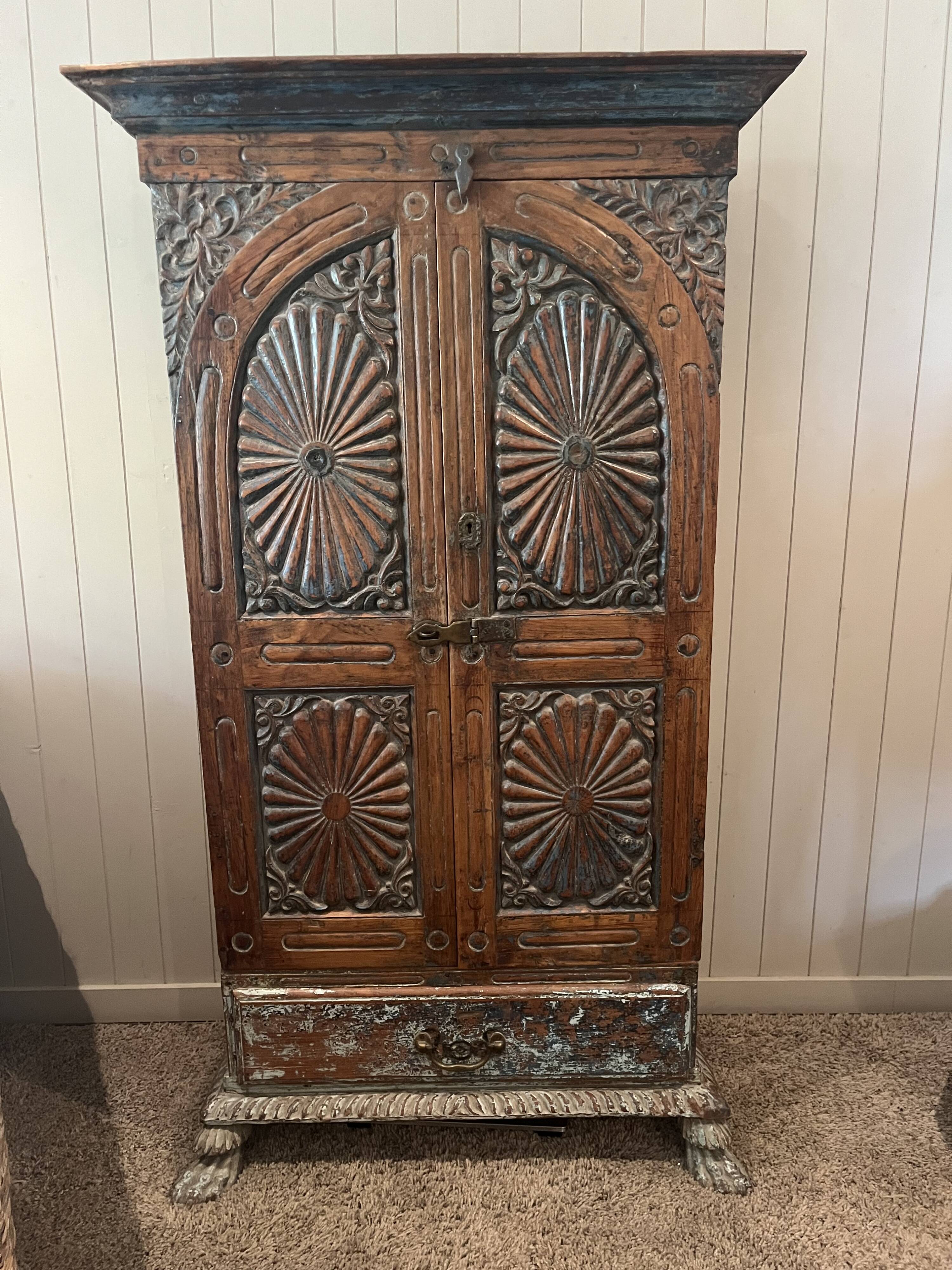 Antique fabric wardrobe from Rajasthan - solid teak