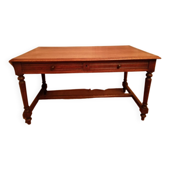 Table ancienne en chêne massif (140/80/75(cm)- Pieds en bois tourné - Deux grands tiroirs.