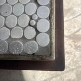 Grey ceramic mosaic top coffee table with dark wood base and brass accents, 1970s