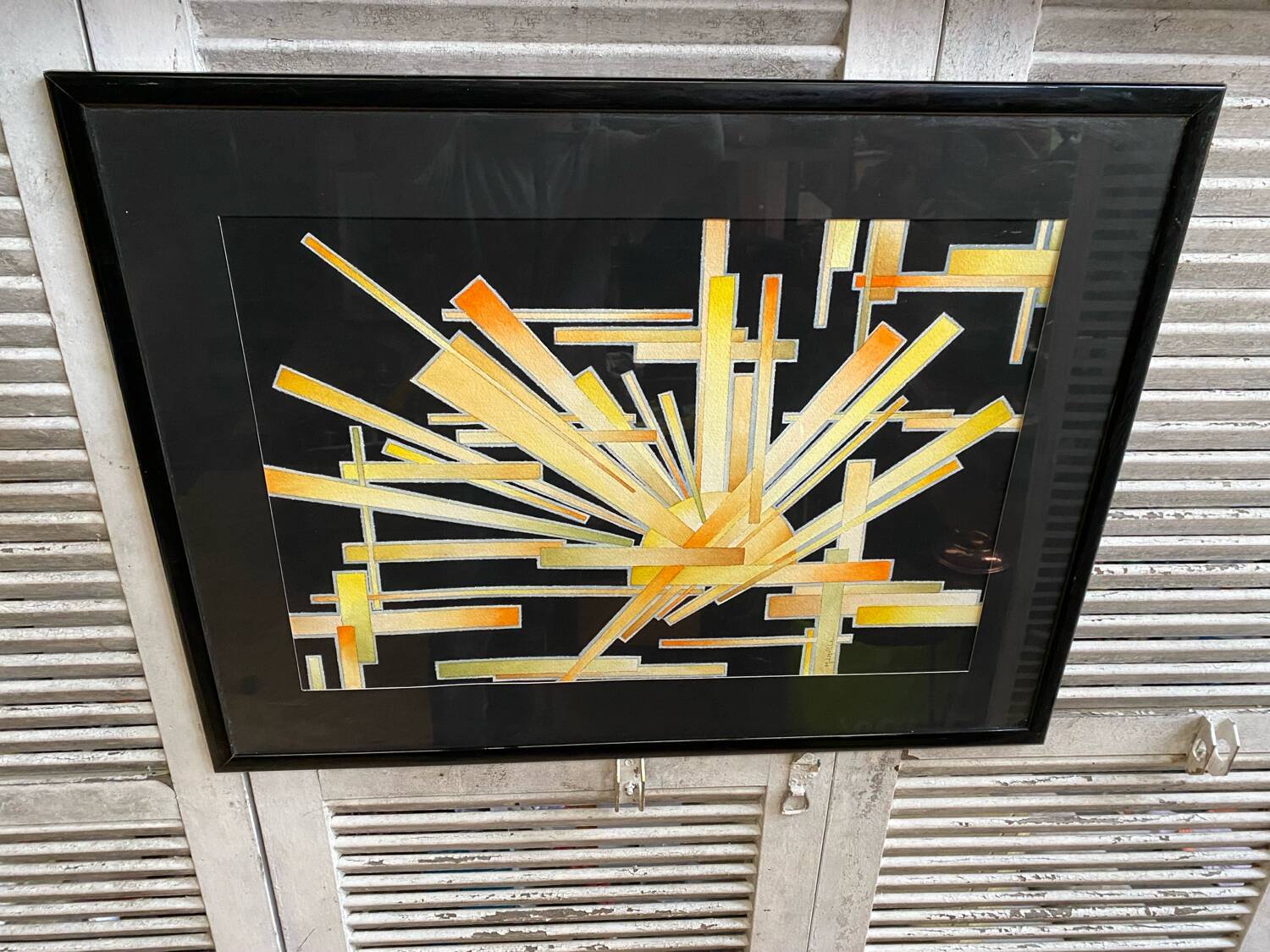 Old painting monique laville volcanic eruption + black wood frame