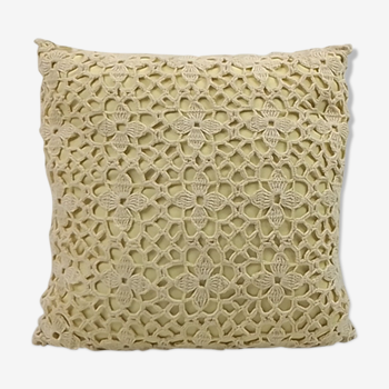 Crocheted square cushion and fabric