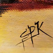 Large contemporary abstract painting signed Beyond Knowledge... the Universe