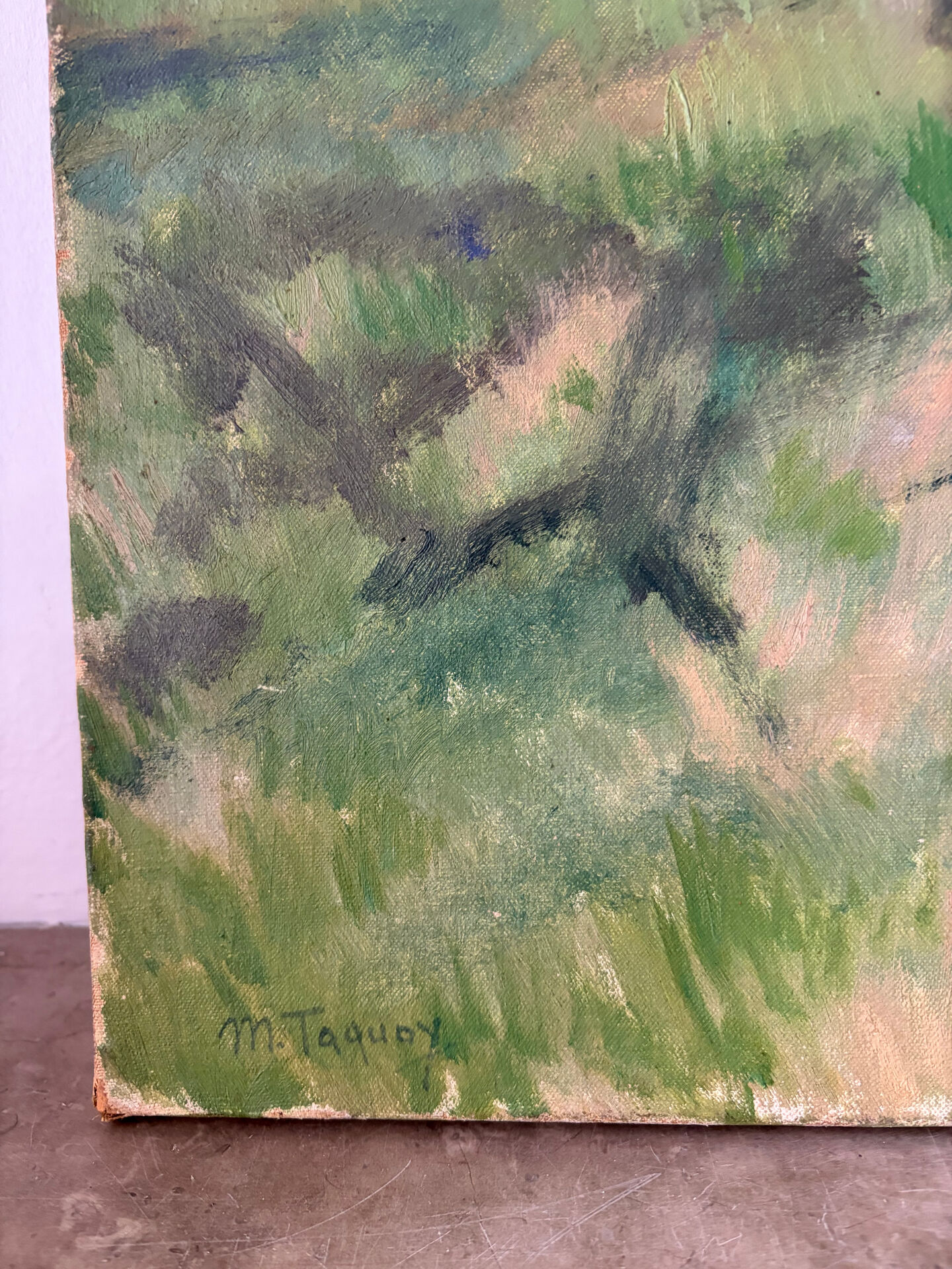 Paysage de forêt, huile sur toile signée Taquoy