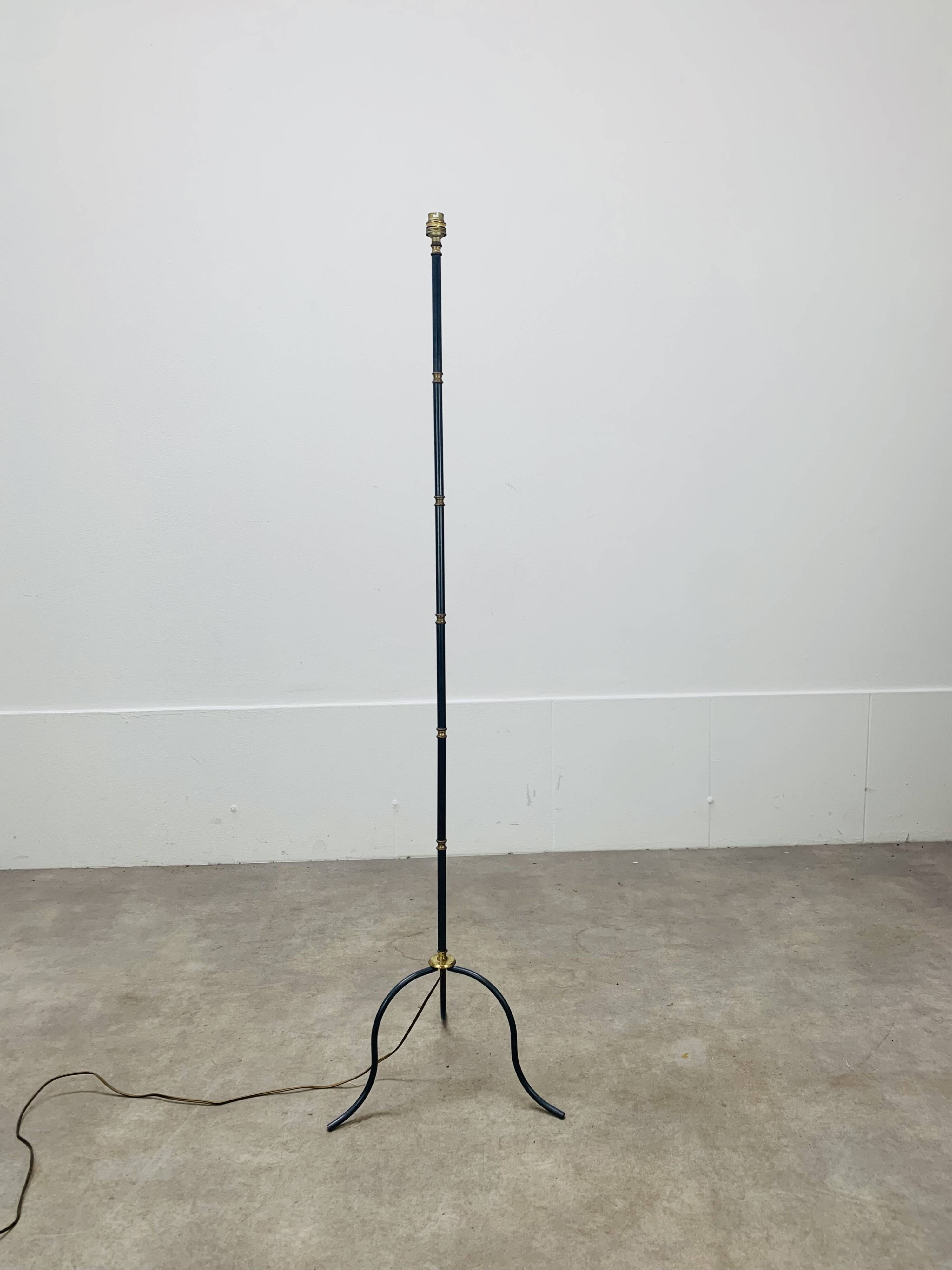 1950s tripod floor lamp, brass and black metal