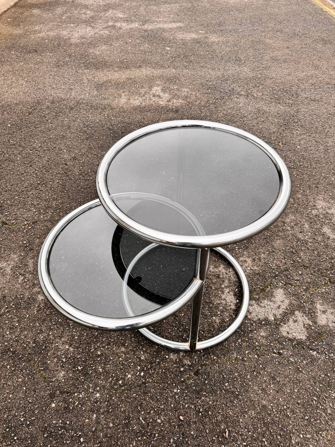 Side table with 2 shelves in chromed metal and smoked glass, circa 1970