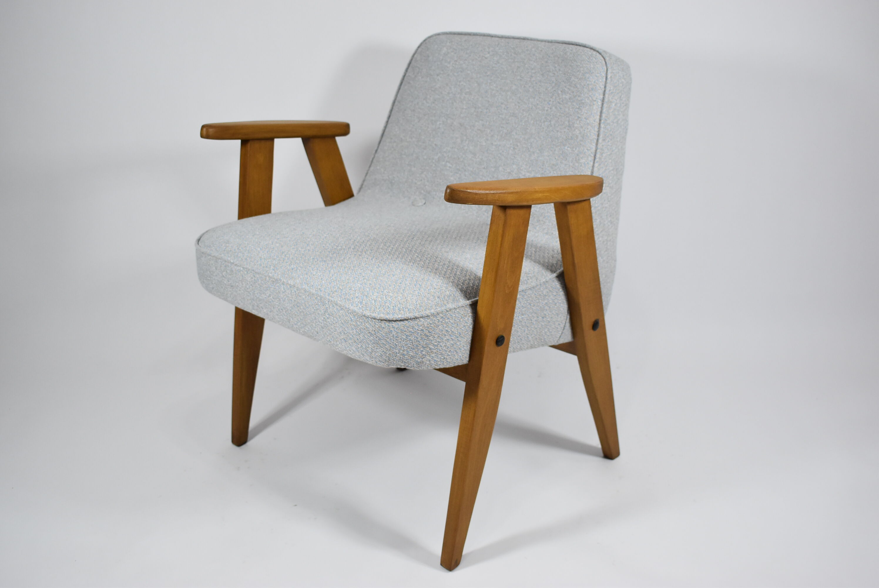 Vintage armchair model 366, 60s, blue fabric, teak wood