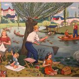 Displays school vintage harvest and the river in summer
