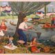 Affiche d’école vintage la moisson et la rivière en été