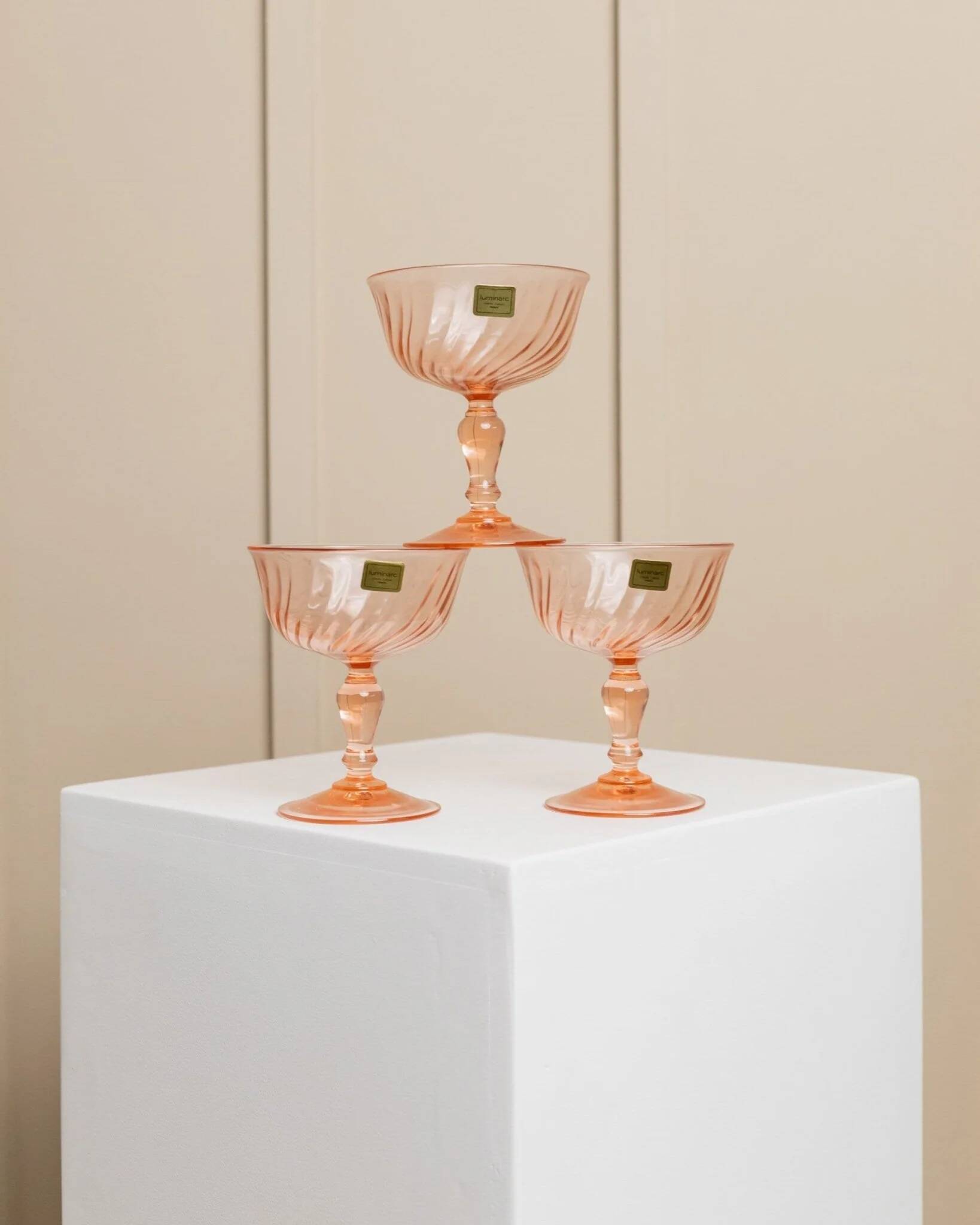 Set of 6 apricot Luminarc Rosaline coupe martini glasses in glass – vintage 1970s France with packaging