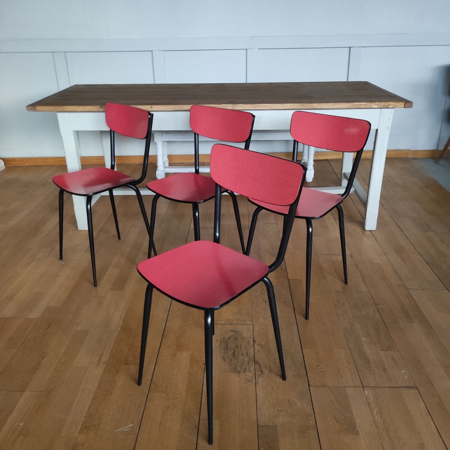4 restored red formica chairs with black legs