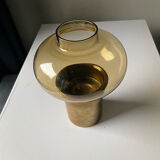 Vintage MCM Danish Design Hurricane Candleholder in Brass and Amber colored glass