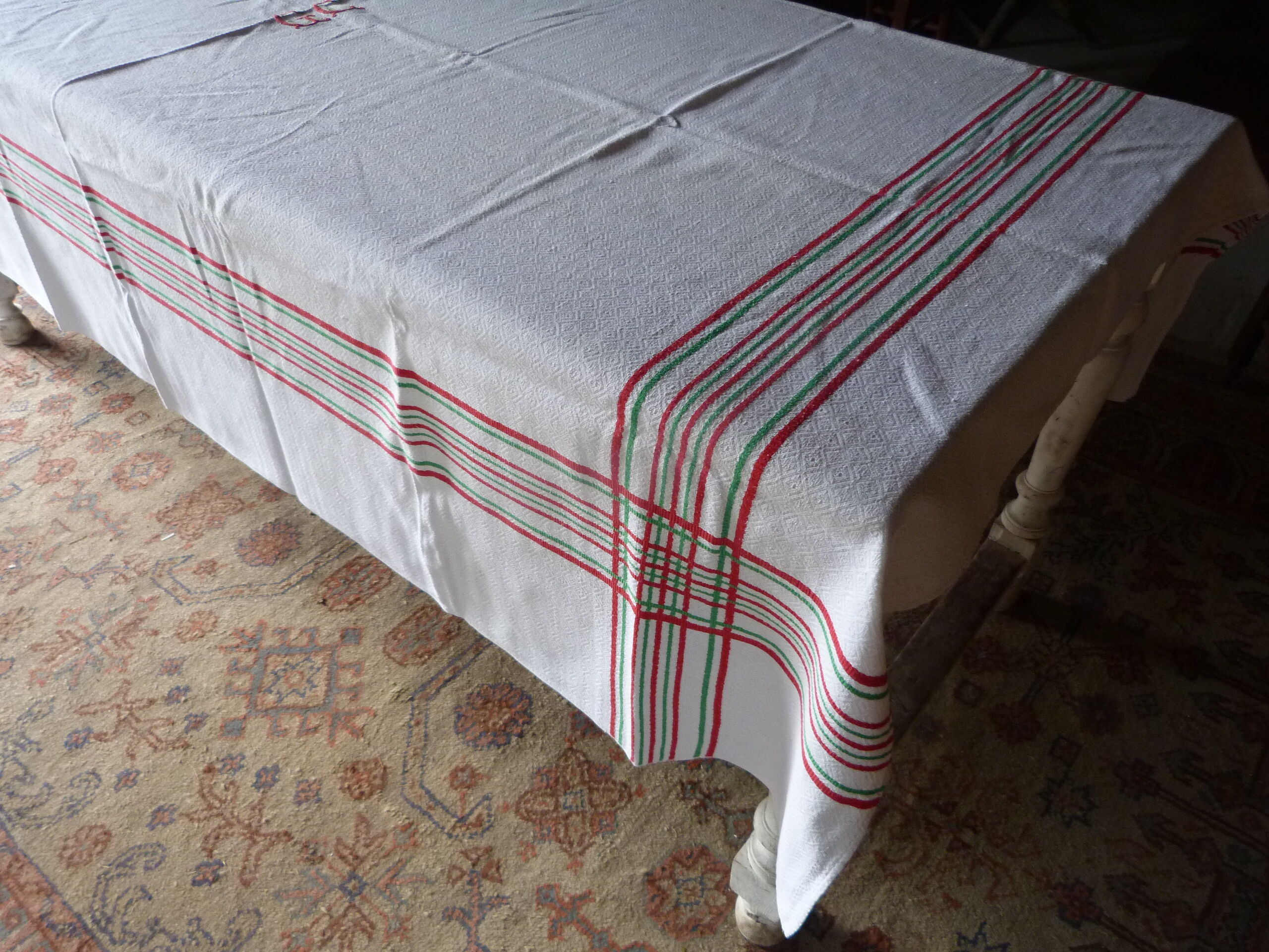 Old tablecloth 1920/1930 linen beige diamonds and red and green stripes + towels